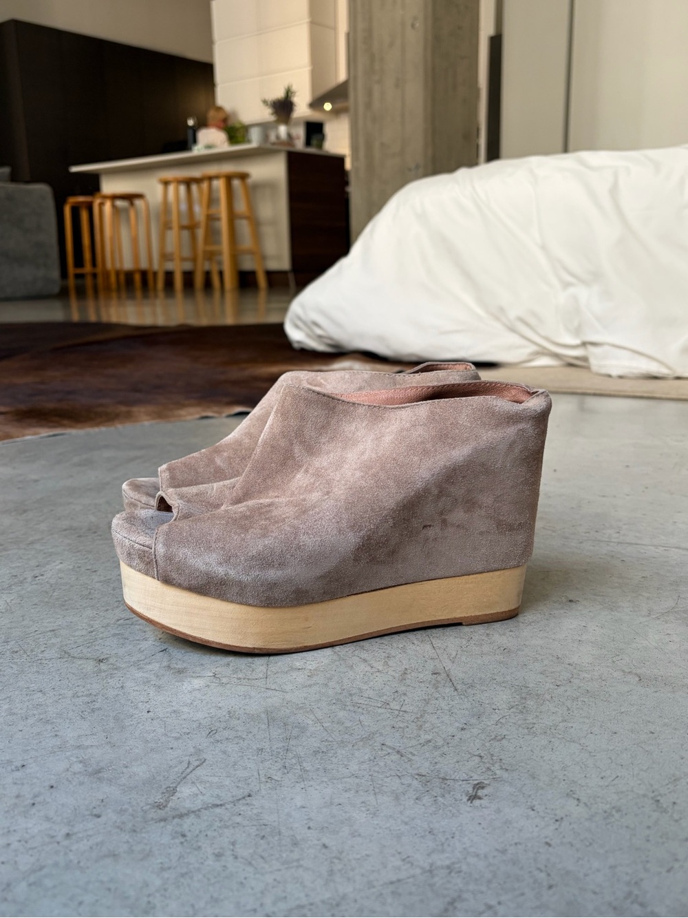 Jeffrey Campbell Taupe Suede Peep-Toe Platform Wedges